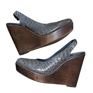 Rowen Platform Leather And Wood Sling Back Open Toe Wedge Sandals Size 7.5
